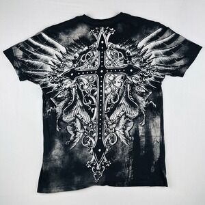 Y2K Konflic Cross Wings T Shirt Black All Over Print Gothic Biker USA 2XL